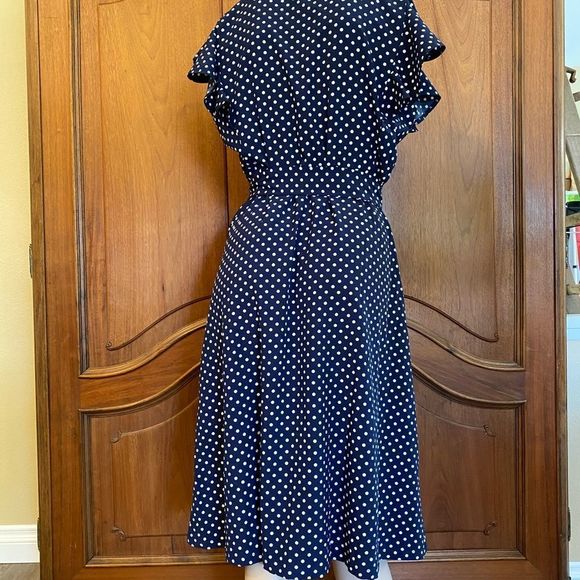 CLEARANCE 90’s Vintage Dress Navy & White Polka Dot Flutter Sleeve Size Large - Picture 4 of 9